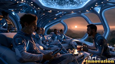 Astronauts relax on a curved lounge looking out at an orange sunset
