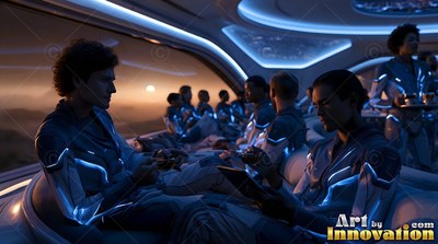 In a spaceship lounge, people in blue suits sit beside a window showing Mars