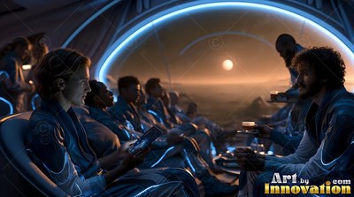 Relaxing in a dome lounge, people watch a pale sun set over the red landscape