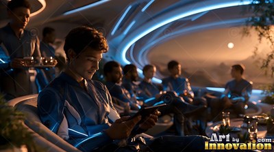 Colonists in blue suits relax inside a lounge by a Mars window