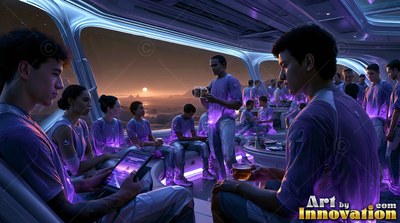 Purple shirts fill an observation lounge where people watch the Martian sunset