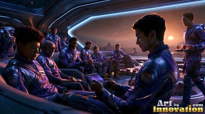 People in blue suits relax inside a lounge by a large window showing an orange sun