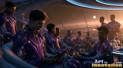 Sitting together in purple suits, people look out a spaceship window at Mars