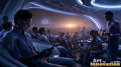 Crew members relax inside a rounded spaceship lounge by an orange sunset window