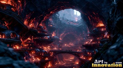 In a dark cavern lit by orange fire, tiny figures cross a stone bridge between tiers of pod homes