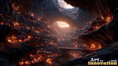 Sprawling inside a dark cavern, an underground city shines with warm orange lights