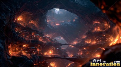 Underground cavern city built into rock cliffs with warm lights and bridges