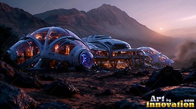 Domed Mars habitats rest on rocky ground under a dim, pale purple sky