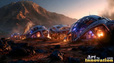 Round white habitats sit on the red ground before a mountain with lights inside
