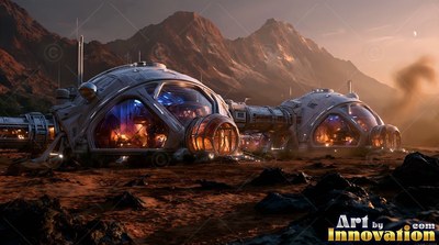 On a rocky red plain below mountains, round habitat domes sit lit from within