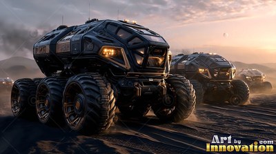 Driving across dark desert sands, black heavy rovers move under a pale sky