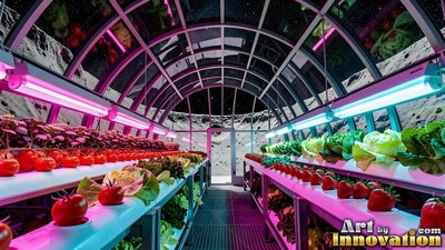 In a lunar dome greenhouse, rows of tomatoes grow under bright lights