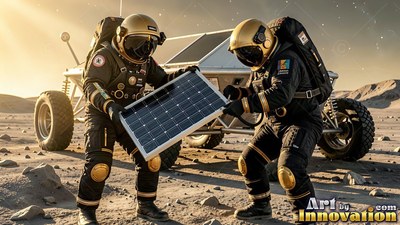Carrying a solar panel, two astronauts in black suits stand by a moon rover