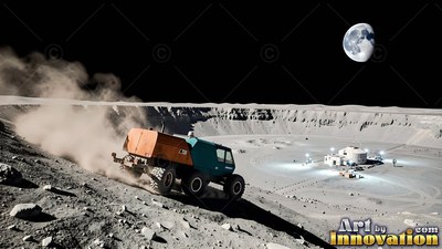 An orange rover drives down into a lunar crater toward a base