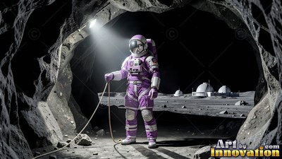 A purple spacesuit with a tether stands in a dark lunar cave entrance near white domes