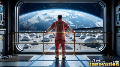 An astronaut stands looking out a window at white moon domes under blue Earth light