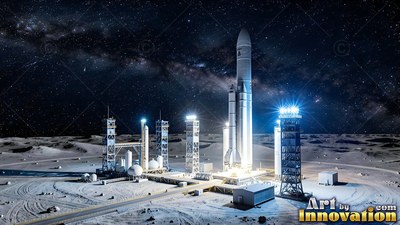 Standing upright on a gray lunar launchpad, a tall white rocket under starry skies