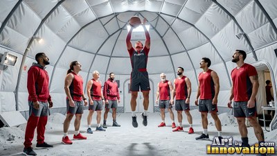 People in red athletic wear watch someone jump with a basketball in a lunar base dome