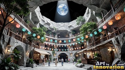 In a cavern courtyard with paper lanterns, people walk beneath Earth in the sky