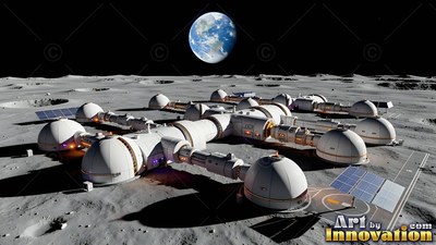 Sitting on gray lunar dust, a white modular base rests under a blue Earth in space