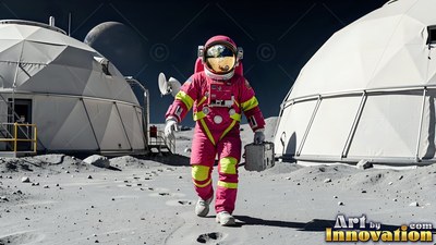 An astronaut in a pink suit walks between white domes on the moon dust