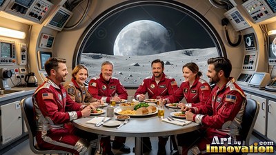 Dressed in red flight suits, astronauts eat dinner inside an outpost on the moon with a large round window