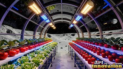 Crops grow in a lunar greenhouse tunnel under bright overhead lamps overlooking the gray moon surface