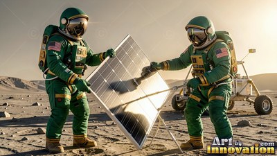 Standing on gray lunar soil, two astronauts in green spacesuits wipe a solar panel