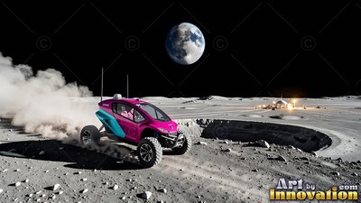 A pink and cyan moon buggy speeds over gray dust kicking up a cloud