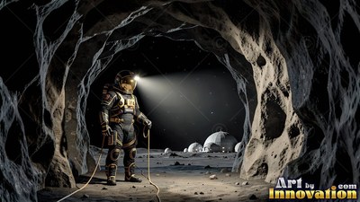 In a dark moon cave, an astronaut stands with a lit headlamp looking toward distant domes