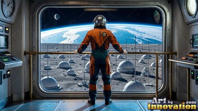 Looking through a wide window, an astronaut in an orange suit watches lunar domes below Earth