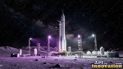 A tall white rocket on a moon launchpad under a starry sky
