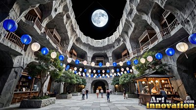 People walk through a stone lunar courtyard beneath hanging blue lanterns and a bright moon