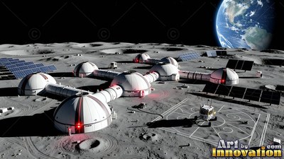 Seen from above, a cluster of white lunar base domes rests on gray dust under Earth