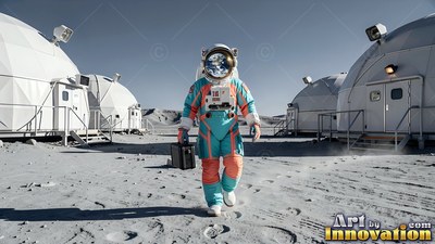 An astronaut walks past white domes on gray lunar dust carrying a case