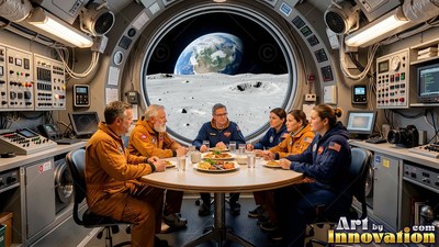 Inside a base on the moon, six astronauts in jumpsuits sit at a round table to eat dinner