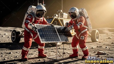 Two astronauts in red suits set up solar panels on the moon