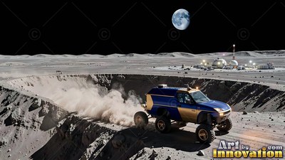 Gold side stripes mark a dark blue rover kicking up dust from a crater on the moon