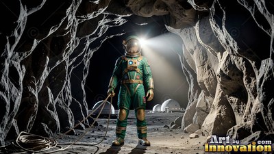 An astronaut walks out of a rocky cave, helmet lamp shining bright white light ahead