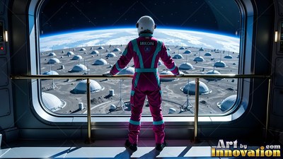 Seen from behind, an astronaut in a purple suit looks at white moon domes from a window