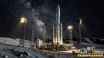 A tall white rocket stands on a lit launchpad across the dark gray moon surface under starry skies