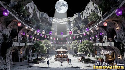 Walking across a round stone courtyard, people gather beneath purple hanging lanterns