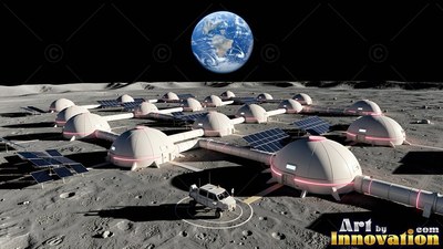 Connected white lunar base domes on gray dust under planet Earth