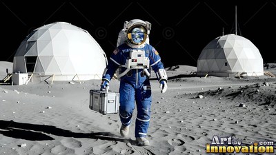 In a blue spacesuit, an astronaut carries a metal case past white base on the moon domes