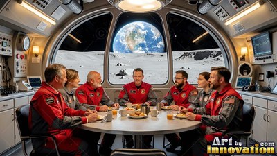 Astronauts in red and gray suits eat at a table under the blue Earth outside