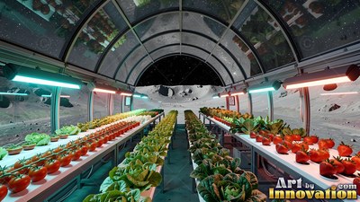 Viewed down the center aisle of a lunar greenhouse with rows of fresh produce