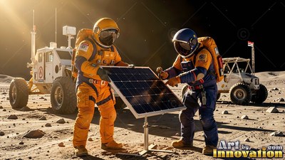 Two astronauts in orange and blue suits set up a solar panel on the moon dust