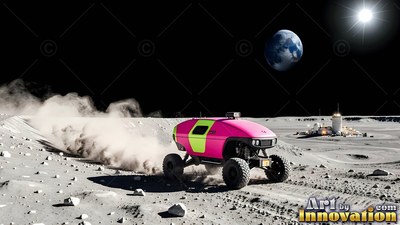 On the gray lunar surface, a pink rover kicks up dust near a base