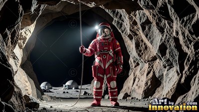 Holding a thin rope, an astronaut in a red suit stands inside a lunar cave entrance