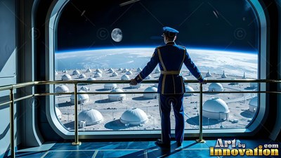 An officer in blue looks out a wide window at white lunar settlement domes